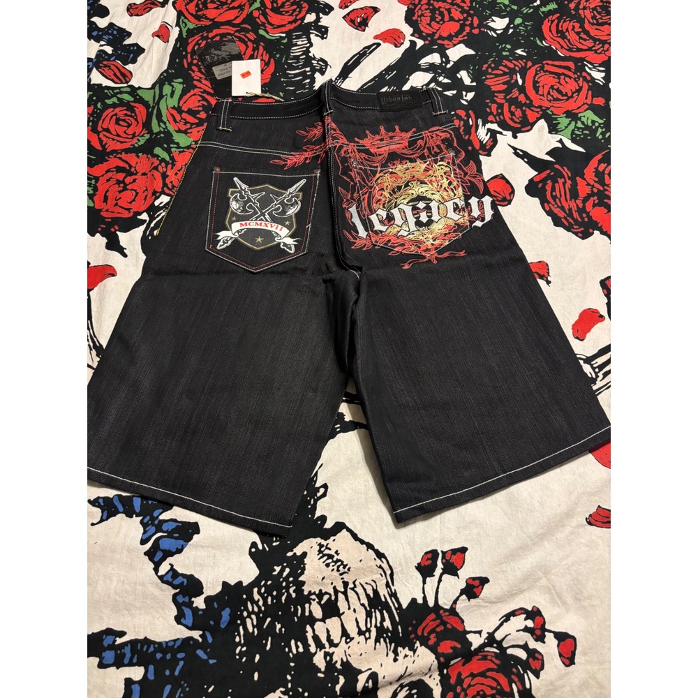 Urban Label Mens Black Denim Shorts Baggy Y2K Legacy Embroidered Size 32 NWT